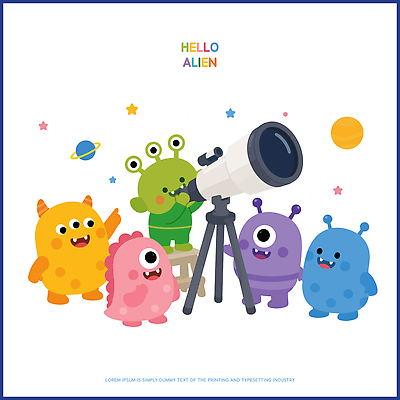 캐릭터 별 과학 일러스트 상상 친구 우주 망원경 행성 외계인 관찰 즐거움 국내일러스트 AI파일 자연요소 감정 관계 모션 미확인물체 파일형식 벡터