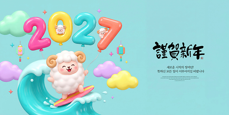 PSD 편집이미지 캐릭터 파도 근하신년 새해 해변 양 서핑 한복 풍선 2027년 이미지편집 정미년 한국전통 바다 포유류 수상스포츠 전통의상 연도 파일형식 동물 전통 스포츠 한국 아시아 나라