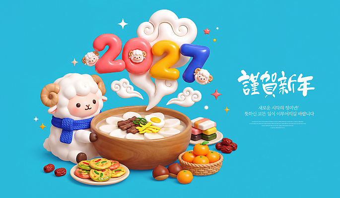 PSD 편집이미지 전통 음식 과일 근하신년 새해 귤 떡 한국 장식 귀여움 양 한복 전 떡국 2027년 이미지편집 정미년 한국전통 아시아 한식 컨셉 포유류 전통음식 전통의상 연도 파일형식 동물 나라
