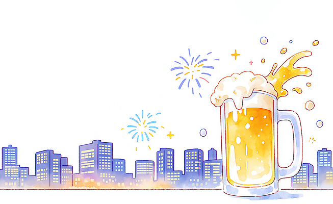 JPG 음료 일러스트 수채화 맥주 폭죽 불꽃놀이 빛 보라색 축제 도시 분위기 저녁 시원함 즐거움 맥주축제 국내일러스트 AI일러스트 AI콘텐츠 감정 컬러 컨셉 놀이 주류 밤 야간 파일형식 자연요소