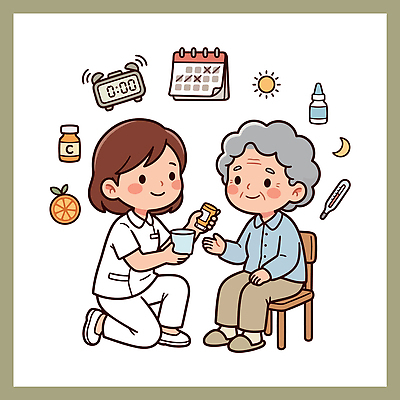 노년 시계 의자 일러스트 건강 관리 대화 일상 치료 약 간호사 달력 도움 간호 체크 예방 지원 보건 상호작용 국내일러스트 AI파일 가구 컨셉 의학 말하기 성인 라이프 의료진 파일형식 벡터 직업 생활용품 모션 사람 생활 오브젝트