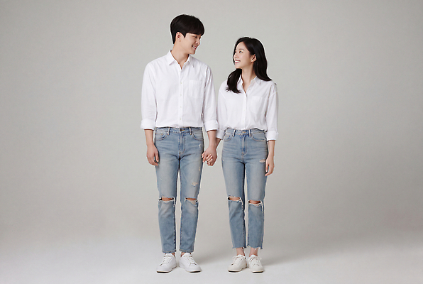 JPG 편집이미지 커플 여자 패션 남자 행복 셔츠 스튜디오 사랑 웃음 손잡기 청바지 의료성형뷰티 편집실사 AI인물포토 AI콘텐츠 감정 상의 바지 관계 모션 표정 사람 CG 파일형식 AI포토 옷 하의