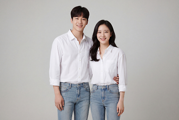 JPG 편집이미지 커플 옷 여자 패션 남자 스튜디오 미소 여러명 촬영 청바지 의료성형뷰티 스타일 편집실사 AI인물포토 AI콘텐츠 다수 바지 관계 표정 사람 CG 파일형식 AI포토 하의