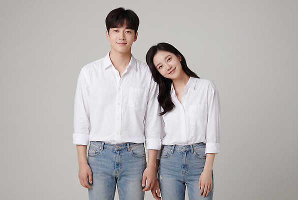 JPG 모델 편집이미지 커플 여자 패션 남자 포즈 스튜디오 캐주얼 촬영 청바지 의료성형뷰티 스타일 편집실사 AI인물포토 AI콘텐츠 옷 바지 관계 사람 CG 파일형식 AI포토 하의