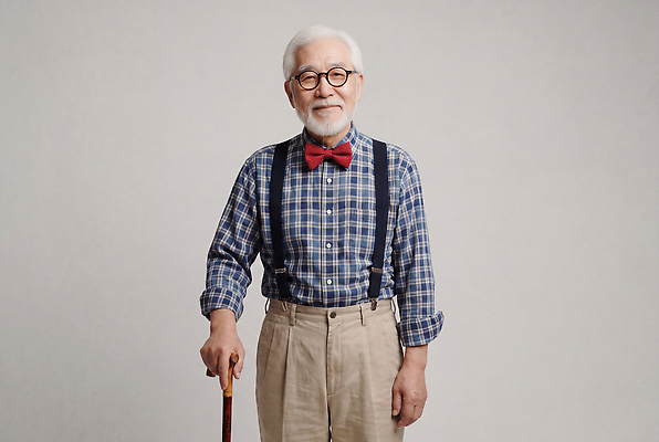 JPG 편집이미지 모자 옷 할아버지 노년 남자 안경 포즈 지팡이 나비넥타이 웃음 멜빵바지 흰배경 체크무늬 의료성형뷰티 스타일 편집실사 AI인물포토 AI콘텐츠 잡화 무늬 바지 넥타이 표정 사람 성인 흰색 멜빵 CG 파일형식 AI포토 컬러 하의