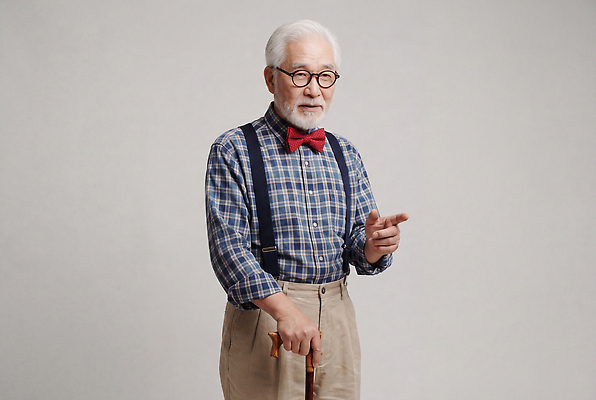 JPG 편집이미지 할아버지 노년 안경 셔츠 지팡이 수염 가리킴 멜빵바지 멜빵 체크무늬 의료성형뷰티 편집실사 AI인물포토 AI콘텐츠 잡화 남자 상의 무늬 바지 손짓 성인 CG 파일형식 AI포토 옷 모션 하의 사람