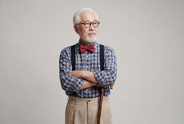 JPG 편집이미지 옷 할아버지 노년 남자 포즈 지팡이 나비넥타이 표정 연령 멜빵바지 의료성형뷰티 스타일 편집실사 AI인물포토 AI콘텐츠 바지 넥타이 사람 성인 멜빵 CG 파일형식 AI포토 잡화 하의