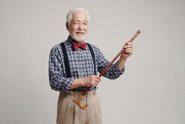 JPG 편집이미지 패션 할아버지 노년 지팡이 나비넥타이 실내 표정 웃음 동양인 멜빵바지 체크무늬 의료성형뷰티 편집실사 AI인물포토 AI콘텐츠 남자 무늬 바지 넥타이 인종 성인 내부 멜빵 CG 파일형식 AI포토 잡화 하의 사람 옷