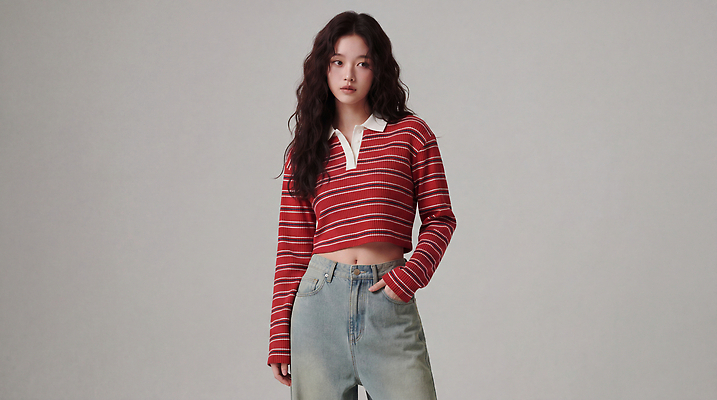 JPG 편집이미지 옷 여자 패션 포즈 실내 머리 줄무늬 청바지 의료성형뷰티 스타일 편집실사 AI인물포토 AI콘텐츠 무늬 바지 사람 내부 신체부위 CG 파일형식 AI포토 하의