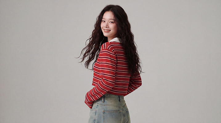JPG 모델 편집이미지 옷 여자 패션 미소 청춘 뷰티 촬영 줄무늬 청바지 뒤돌아보기 스웨터 의료성형뷰티 스타일 편집실사 AI인물포토 AI콘텐츠 컨셉 상의 무늬 바지 모션 표정 사람 CG 파일형식 AI포토 하의