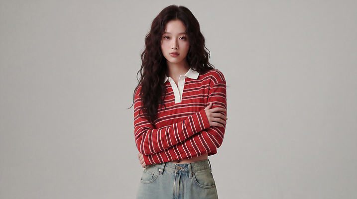 JPG 모델 편집이미지 긴머리 옷 여자 패션 티셔츠 빨간색 팔짱 줄무늬 의료성형뷰티 스타일 편집실사 AI인물포토 AI콘텐츠 헤어스타일 컬러 셔츠 무늬 모션 사람 CG 파일형식 AI포토 상의