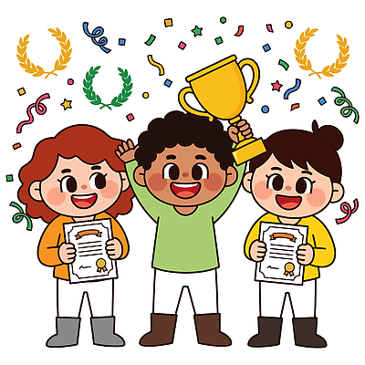 행복 어린이 일러스트 놀이 웃음 책 친구 독서 기쁨 축하 우승 수상 상 상패 트로피 국내일러스트 AI파일 감정 컨셉 관계 표정 사람 최고 파일형식 벡터