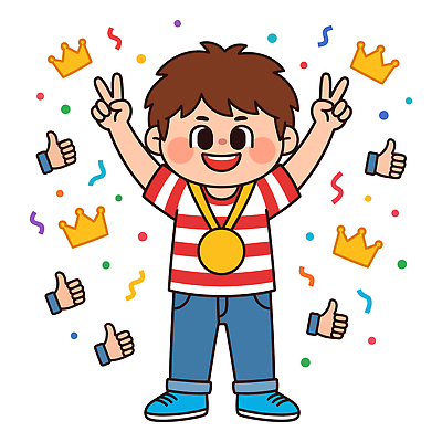 어린이 포즈 일러스트 성공 왕관 웃음 장식 책 독서 기쁨 축하 우승 브이 금메달 따봉 국내일러스트 AI파일 감정 컨셉 표정 사람 손짓 엄지손가락 최고 메달 파일형식 벡터 손가락 모션 상 손 상패 신체부위