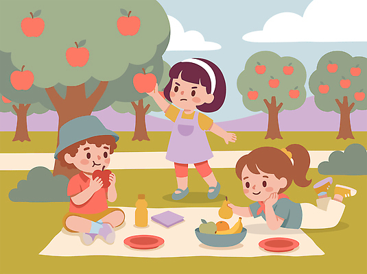 나무 여자 남자 어린이 음식 과일 일러스트 장난 자연 함께함 잔디 소풍 사과 즐거움 친목 놀기 국내일러스트 AI파일 식물 감정 컨셉 모션 사람 야외활동 생태계 파일형식 벡터