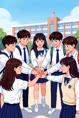 JPG 학생 감정 일러스트 학교 청소년 협력 함께함 웃음 친구 축하 그룹 즐거움 그림 손모으기 소통 국내일러스트 교육 컨셉 관계 표정 사람 손짓 파일형식 모션