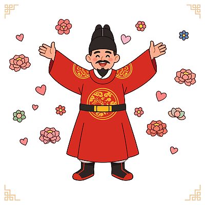전통 옷 남자 꽃 문화 상징 일러스트 웃음 축제 기쁨 만세 하트 축하 역사 왕 그림 세종대왕 국내일러스트 AI파일 모양 식물 감정 컨셉 모션 표정 사람 파일형식 벡터