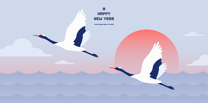 백그라운드 일러스트 조류 하늘 새해 한국 풍경 태양 학 자유 비행 축하 국내일러스트 AI파일 자연요소 동물 아시아 컨셉 파일형식 벡터 나라