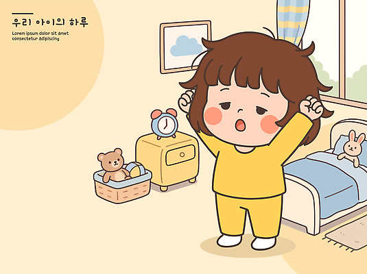 라이프스타일 인형 시계 일러스트 아침 주택 소녀 일상 생활 장난감 노란색 귀여움 방 잠옷 기상 침대 기지개 일과 일어나기 국내일러스트 AI파일 주간 옷 여자 어린이 컬러 가구 컨셉 모션 건물 라이프 파일형식 벡터 자연요소 건축물 생활용품 사람 건축 오브젝트