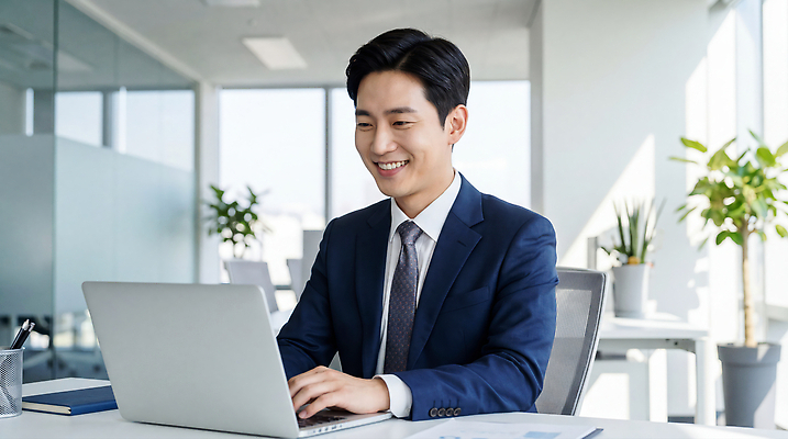 JPG 식물 편집이미지 남자 비즈니스 미소 앉기 정장 노트북 컴퓨터 사무실 환경 업무 작업 모던 의료성형뷰티 편집실사 AI인물포토 AI콘텐츠 옷 모션 표정 사람 전자제품 CG 파일형식 AI포토