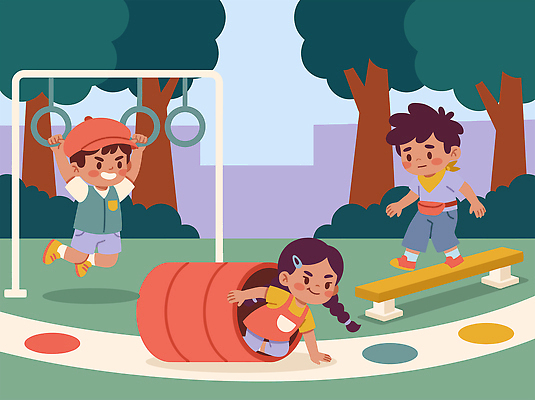 어린이 신체 일러스트 자연 놀이 웃음 여름 친구 자유 놀이기구 놀이터 균형 즐거움 그네 원통 국내일러스트 AI파일 계절 감정 컨셉 관계 표정 사람 생태계 파일형식 벡터