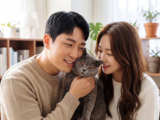 동물 옷 감정 컨셉 포유류 관계 표정 사람 내부 반려동물 CG 파일형식 남자 여자 고양이 웃음 함께함 소통 실내 사랑 가족 유대감 캐주얼 편집이미지 편집실사 JPG 의료성형뷰티