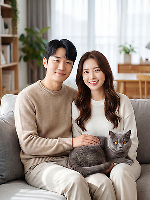 동물 커플 컨셉 의자 포유류 관계 표정 사람 내부 라이프 반려동물 CG 파일형식 부부 고양이 소파 가족 남자 여자 실내 웃음 따뜻함 함께함 일상 편집이미지 편집실사 JPG 의료성형뷰티