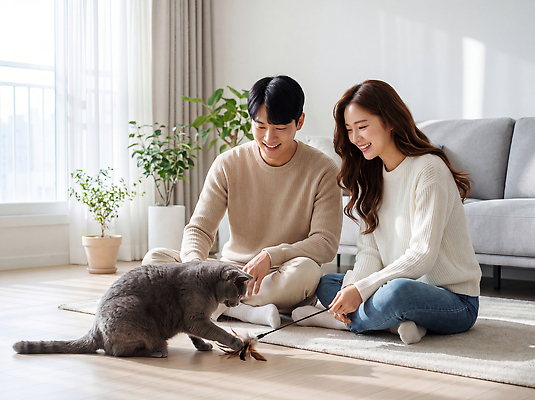 동물 커플 감정 컨셉 포유류 모션 표정 내부 반려동물 CG 파일형식 부부 고양이 놀기 장난감 행복 소통 즐거움 웃음 실내 가정 편집이미지 편집실사 JPG 의료성형뷰티