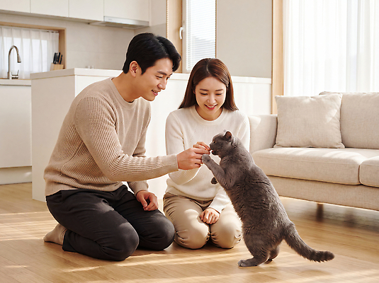 동물 커플 감정 음식 포유류 관계 모션 사람 반려동물 CG 파일형식 부부 고양이 디저트 놀기 거실 남자 여자 행복 가족 놀이 편집이미지 편집실사 JPG 의료성형뷰티