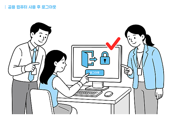 교육 일러스트 협력 기술 설명 스크린 정보 작업 도움 직원 보안 시스템 클릭 로그아웃 방법 사용자 국내일러스트 AI파일 컨셉 모션 안전 파일형식 벡터