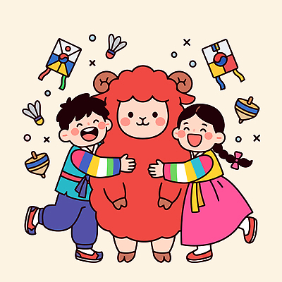 전통 행복 문화 어린이 인형 일러스트 포옹 놀이 새해 한국 웃음 친구 장난감 양 한복 즐거움 국내일러스트 AI파일 정미년 한국전통 감정 아시아 포유류 관계 안기 표정 사람 전통의상 파일형식 벡터 2027년 동물 나라 모션 연도