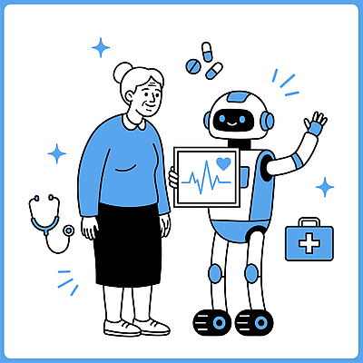 노년 일러스트 기술 건강 웃음 치료 약 진료 환자 로봇 검사 돌봄 AI_인공지능 국내일러스트 AI파일 의학 모션 표정 성인 파일형식 벡터 사람