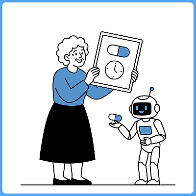 노년 할머니 시계 일러스트 기술 건강 사람 알약 로봇 돌봄 AI_인공지능 국내일러스트 AI파일 여자 모션 성인 약 파일형식 벡터 의학