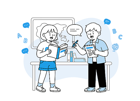 학생 영어 교육 지도 일러스트 학교 커뮤니케이션 이야기 대화 책 친구 학습 교양 기록 책상 상호작용 국내일러스트 AI파일 문자 가구 관계 말하기 파일형식 벡터 생활용품 모션 오브젝트