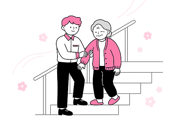 노년 남자 꽃 분홍색 이동 일러스트 친절 안전 사람 걷기 계단 손잡기 기쁨 도움 상호작용 국내일러스트 AI파일 식물 감정 컬러 컨셉 모션 성인 파일형식 벡터
