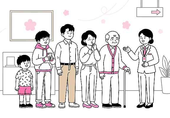 노년 어린이 일러스트 의학 가족 청소년 안내 건강 병원 대화 설명 성인 환자 기다림 직원 서비스 상담 대기실 국내일러스트 AI파일 관계 모션 말하기 사람 공간 파일형식 벡터