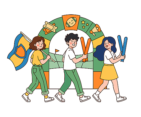 학생 일러스트 응원 웃음 이벤트 장식 친구 청춘 축제 축하 깃발 그룹 진행 지나가기 응원봉 국내일러스트 AI파일 컨셉 관계 모션 표정 파일형식 벡터