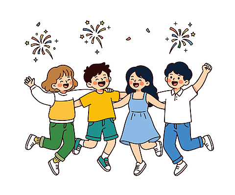 행복 어린이 일러스트 응원 어깨동무 불꽃 웃음 친구 파티 점프 축제 축하 즐거움 국내일러스트 AI파일 감정 포즈 컨셉 관계 모션 불 표정 사람 이벤트 파일형식 벡터 자연요소