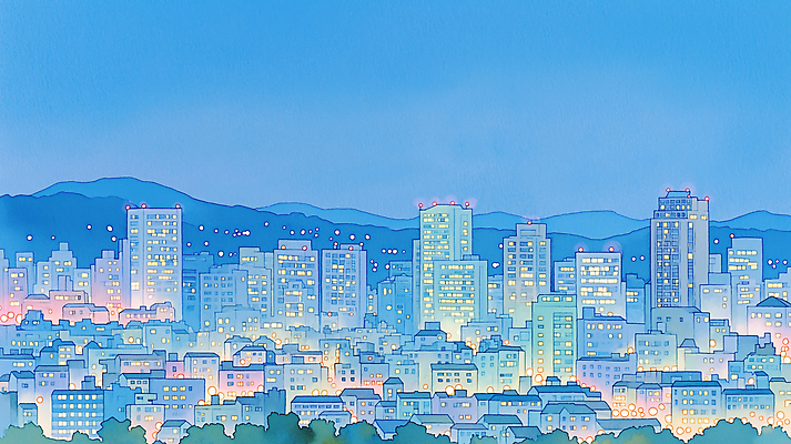 JPG 백그라운드 야경 일러스트 밤하늘 조명 산 풍경 파란색 빛 고층빌딩 도시 야간 국내일러스트 AI일러스트 AI콘텐츠 자연요소 컬러 하늘 빌딩 밤 파일형식 건물 건축물 건축