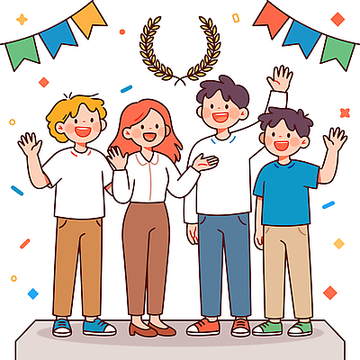 일러스트 기념 웃음 이벤트 여러명 기쁨 축하 그룹 수상 상 즐거움 손흔들기 참여 국내일러스트 AI파일 감정 다수 컨셉 모션 표정 사람 상패 파일형식 벡터 우승 최고