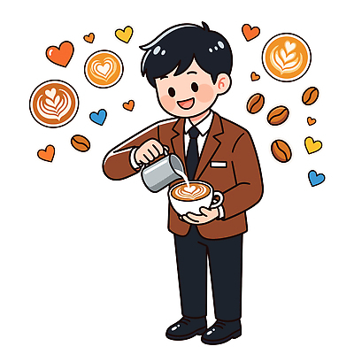 디자인 남자 커피 음료 일러스트 사람 일상 카페 원두 하트 작업 즐거움 그림 만들기 바리스타 라떼 라떼아트 국내일러스트 AI파일 모양 직업 감정 모션 라이프 상점 파일형식 벡터 생활