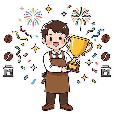 커피 일러스트 기념 불꽃놀이 웃음 사람 이벤트 축제 카페 기쁨 축하 상패 트로피 바리스타 대회 국내일러스트 AI파일 직업 감정 음료 컨셉 놀이 표정 상점 우승 상 파일형식 벡터 최고