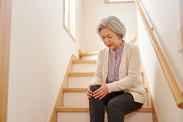 JPG 편집이미지 노년 할머니 실내 건강 앉기 건강관리 계단 고통 관절 무릎 낙상 넘어짐 의료성형뷰티 편집실사 여자 감정 모션 뼈 관리 성인 내부 신체부위 사건 CG 파일형식 사람