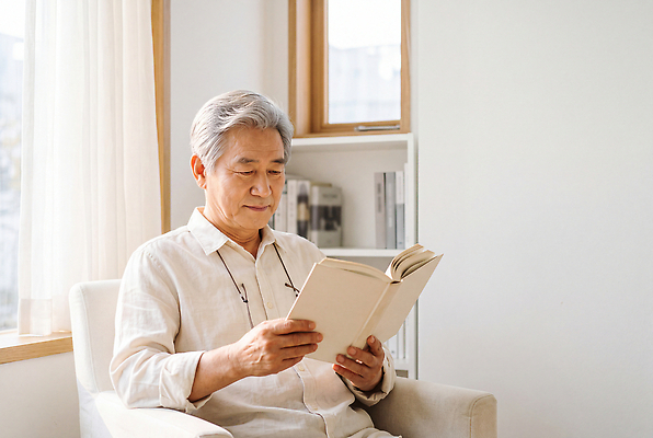 JPG 편집이미지 할아버지 노년 거실 창문 취미 책 독서 햇빛 편안함 읽기 편집포토 의료성형뷰티 편집실사 AI인물포토 AI콘텐츠 남자 모션 성인 빛 감각 CG 파일형식 AI포토 사람