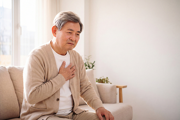 JPG 편집이미지 응시 남자 거실 건강 앉기 고통 심장 응급 위험 가슴통증 감싸기 심장병 심장질환 증상 편집포토 의료성형뷰티 불편함 편집실사 AI인물포토 AI콘텐츠 시선 감정 컨셉 모션 사람 긴급 감각 장기 질병 CG 파일형식 AI포토 신체 의학