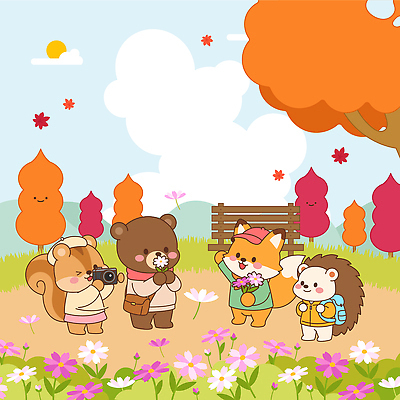 식물 동물 계절 공공시설 감정 컨셉 포유류 관계 설치류 생태계 파일형식 벡터 곰 다람쥐 여우 고슴도치 꽃 화단 즐거움 공원 나무 풍경 자연 모임 귀여움 캐릭터 국내일러스트 일러스트 AI파일 친구 가을