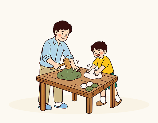 아들 일러스트 재료 가족 식탁 함께함 요리 웃음 사람 아빠 즐거움 송편 반죽 만들기 밀대 송편빚기 국내일러스트 AI파일 감정 컨셉 관계 모션 탁자 주방용품 떡 표정 추석 요리중 파일형식 벡터 명절 가구 생활용품 전통 기념일 오브젝트 이벤트