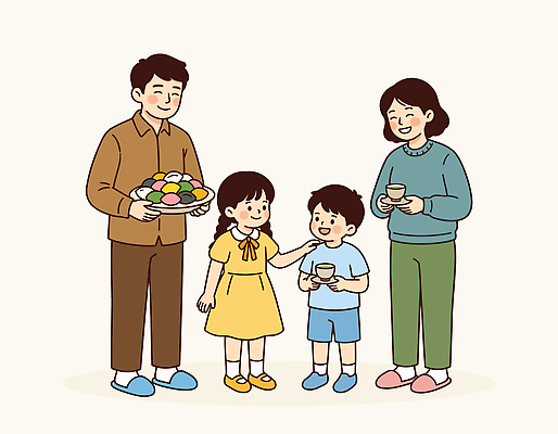 행복 음료 어린이 음식 일러스트 가족 따뜻함 대화 웃음 사람 성인 모임 즐거움 송편 국내일러스트 AI파일 감정 관계 떡 표정 말하기 파일형식 벡터 모션