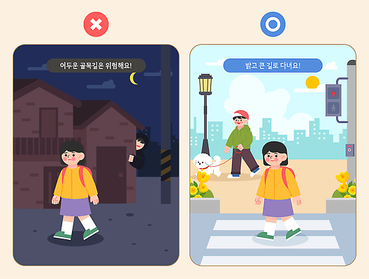 식물 잡화 컨셉 포유류 모션 사람 범죄 파일형식 벡터 안전 길 어린이 걷기 거리 개 밝음 경계 가방 꽃 신호등 보호 교육 규칙 경고 출발 국내일러스트 일러스트 AI파일 예방 납치