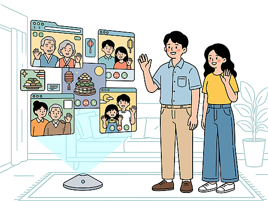 명절 일러스트 가족 커뮤니케이션 기술 웃음 사람 일상 생활 친구 소파 디지털 스크린 방 인사 온라인 소통 영상통화 가상 국내일러스트 AI파일 전통 기념일 컨셉 의자 관계 표정 라이프 예절 통화 파일형식 벡터 가구 모션 이벤트 생활용품 오브젝트