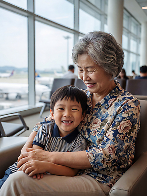 JPG 편집이미지 행복 할머니 어린이 해외여행 가족 안기 손자 비행기 웃음 앉기 여러명 공항 즐거움 대기실 설렘 의료성형뷰티 편집실사 AI인물포토 AI콘텐츠 해외 여자 노년 남자 감정 여행 다수 관계 항공교통 교통시설 모션 대중교통 표정 사람 공간 손주 CG 파일형식 AI포토 교통수단 교통 성인 시설